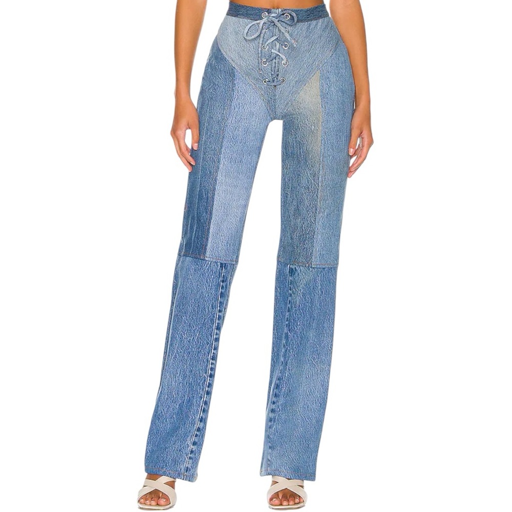 EB Denim Patchwork Lace-Up Flare Leg Jeans Medium Wash XS NWOT